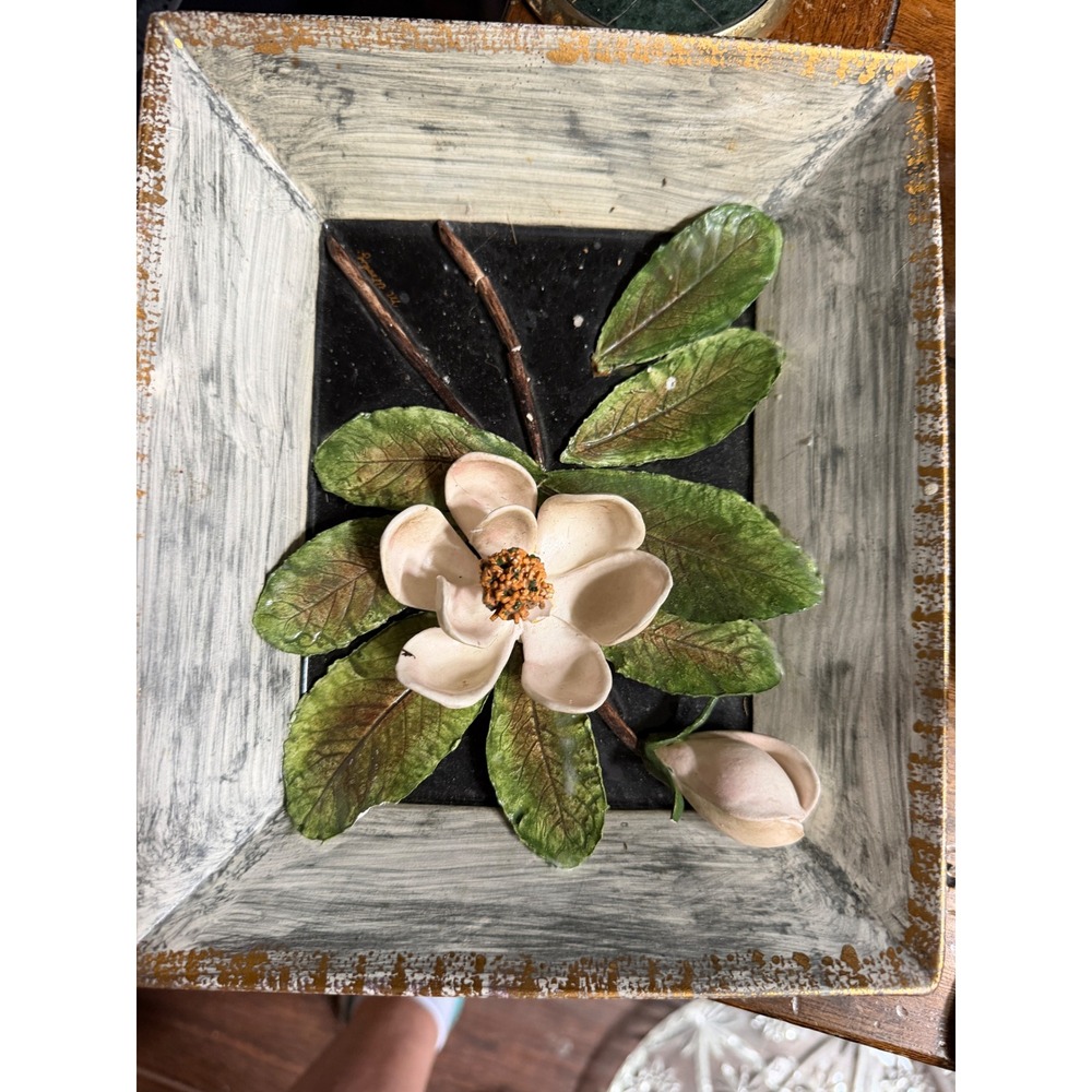 Vintage 3D Ceramic Magnolia Flower Wall Art Plaque Rustic Faux Wood Frame Square